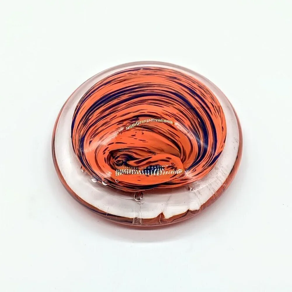Handblown Orange Purple Swirl Art Glass Round Paperweight